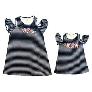 Smiling Pinker Mommy&Me Navy and White Striped with Floral Cold Shoulder Dresses